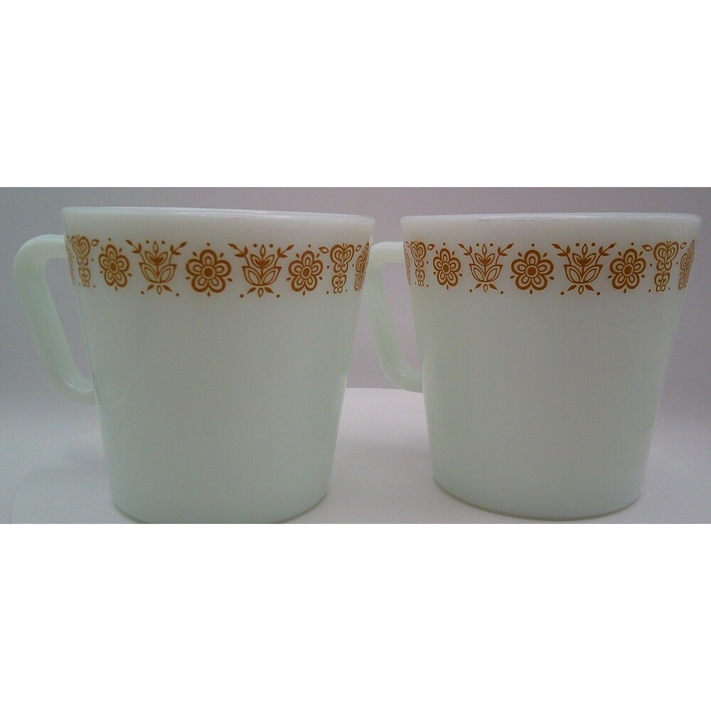 VTG Pyrex Butterfly Gold Milk Glass Coffee Mugs Set of 2 White Gold 1970s USA